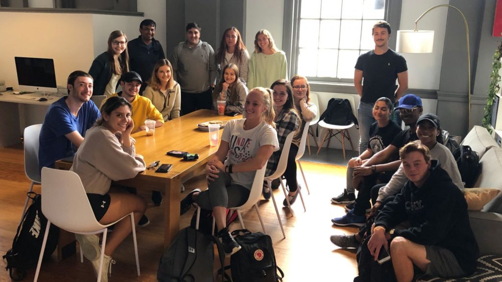 A picture of Capstone class students' visit to a Baltimore branding agency, Fifteen4, in October 2019