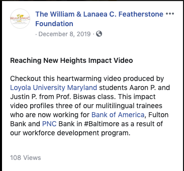 A screenshot of Facebook Post on Reaching New Heights video created by Loyola University Maryland students